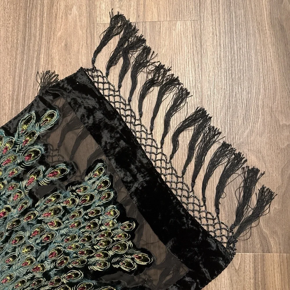 vintage Elegant Black Velvet fringe Scarf with Peacock and Floral Embroidery